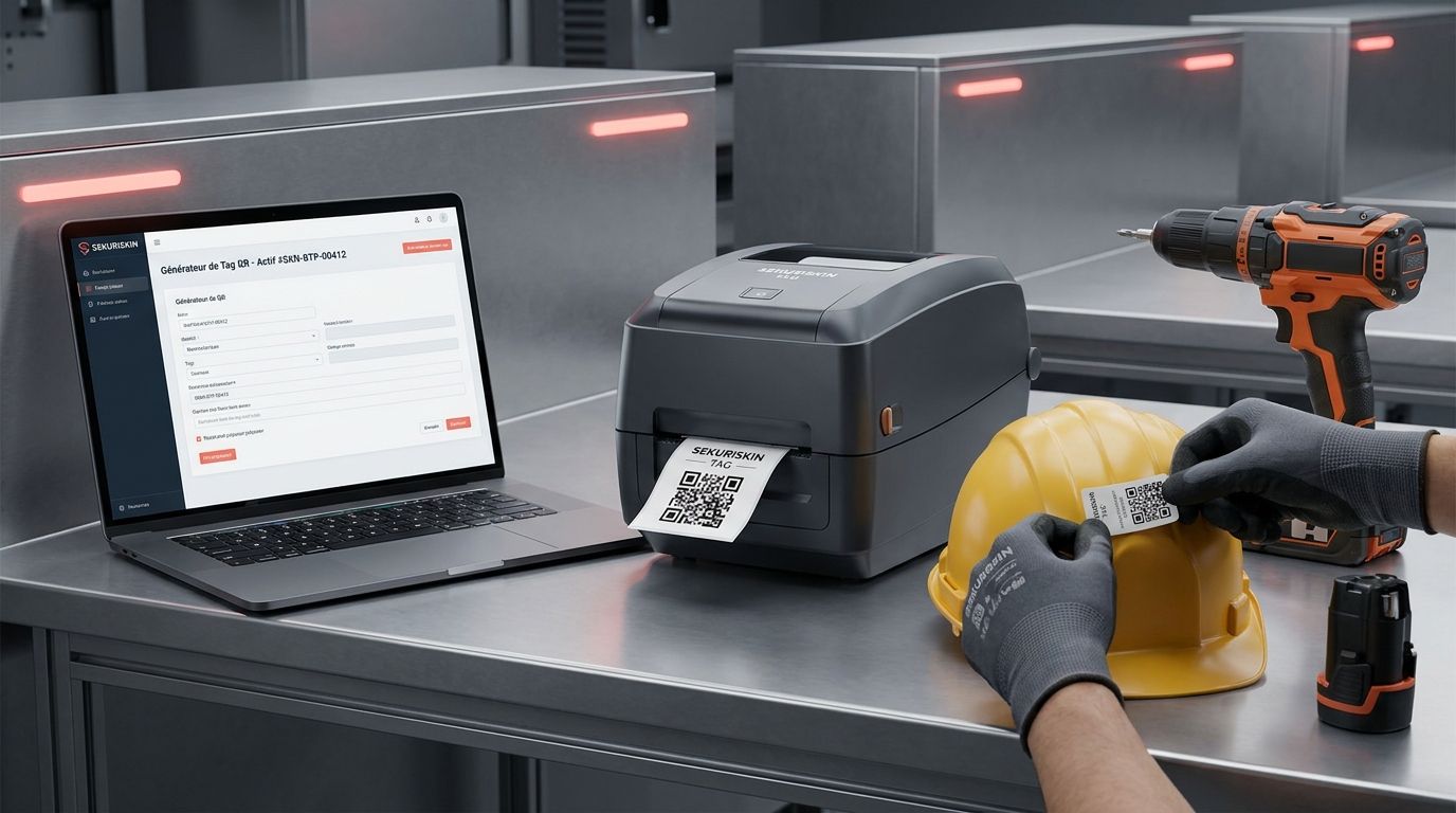 Génération d'un tag dans le logiciel, impression thermique et pose sur un casque de sécurité